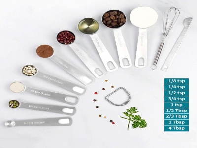 11 pcs Measuring Spoons Stainless Steel Set, Consist of 9 Stack table Removable Etched Markings Metal Spoons, Leveler and Whisk, for Spice Jars Kitchen Measuring Dry and Liquid Ingredients