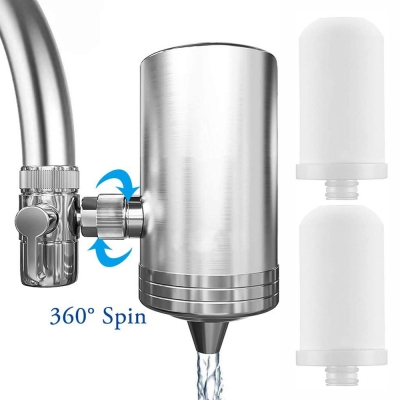 Faucet Mount Water Filter, 304 Stainless Steel Housing , Double Outlet Large Water Flow, 6-Stage High Precision Filtration System Reduce Chlorine, Lead Reduction, BPA Free, Fits Most Standard Faucets